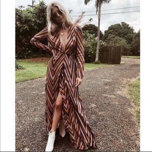 Multi-colored chevron stripes. 70’s vibe. Deep V plunge, wrap dress.